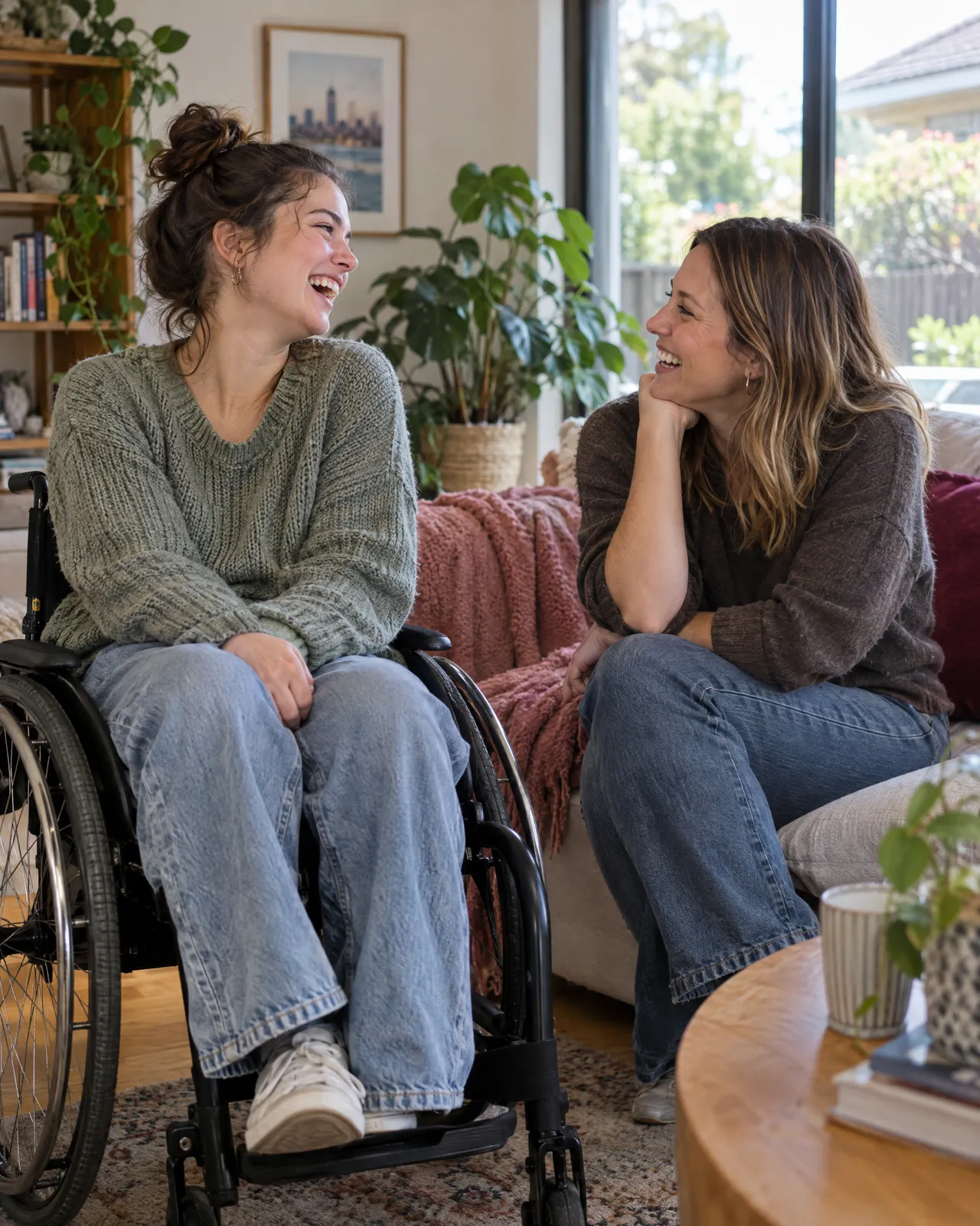 A young woman in a wheelchair laughing with her support worker at home