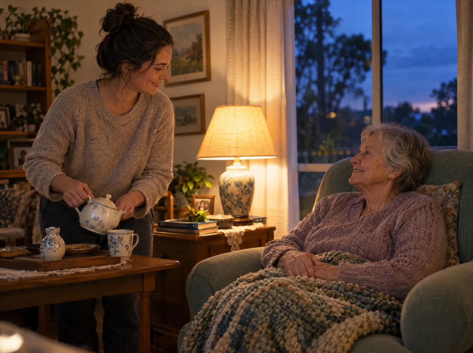 Support worker making tea for an older woman in a lamp-lit living room
